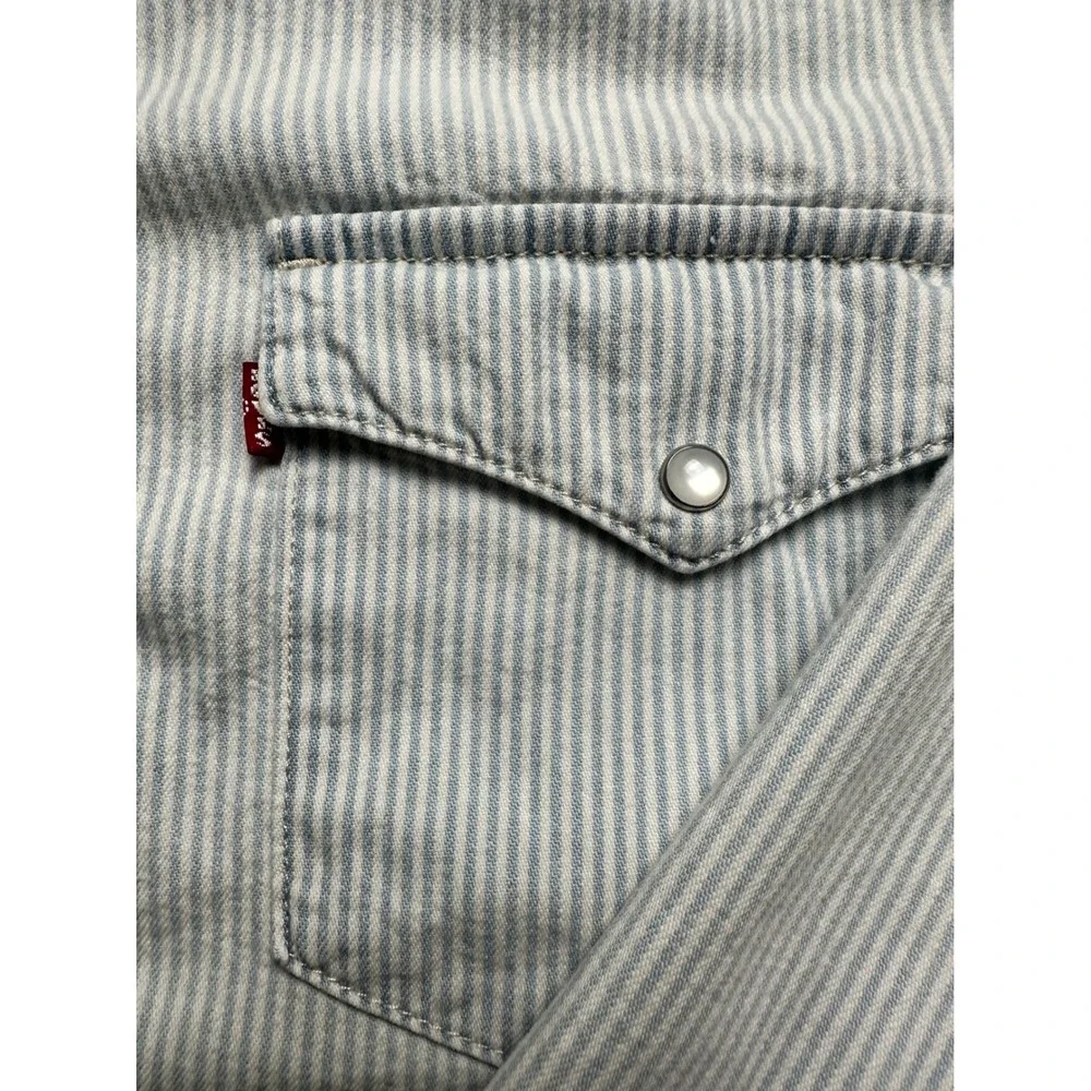 Levi Strauss Western Shirt Womens L Blue White Stripe Pearl Snap Long Sleeve